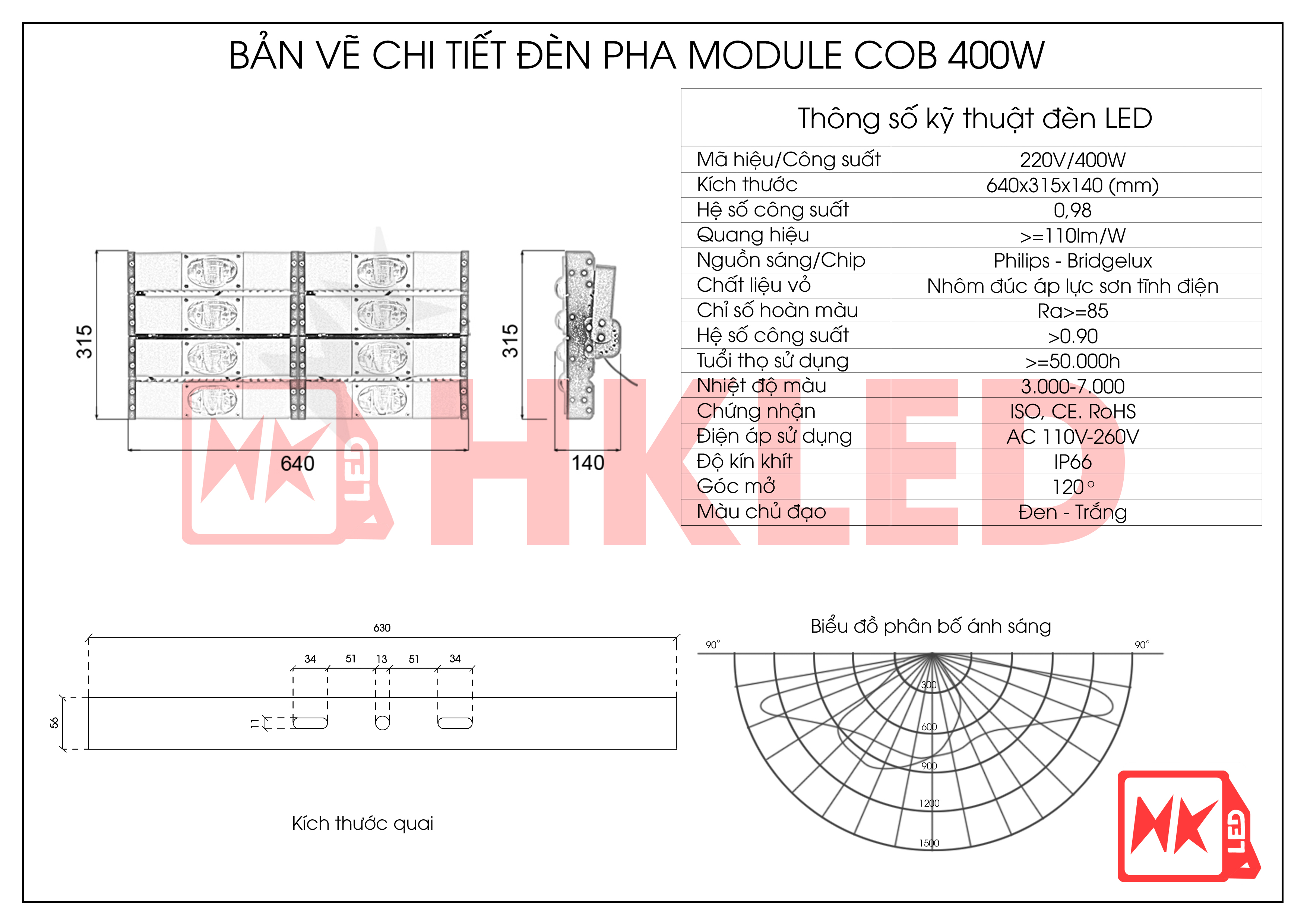 Bản vẽ chi tiết đèn pha LED Module OEM Philips chip LED COB 400W