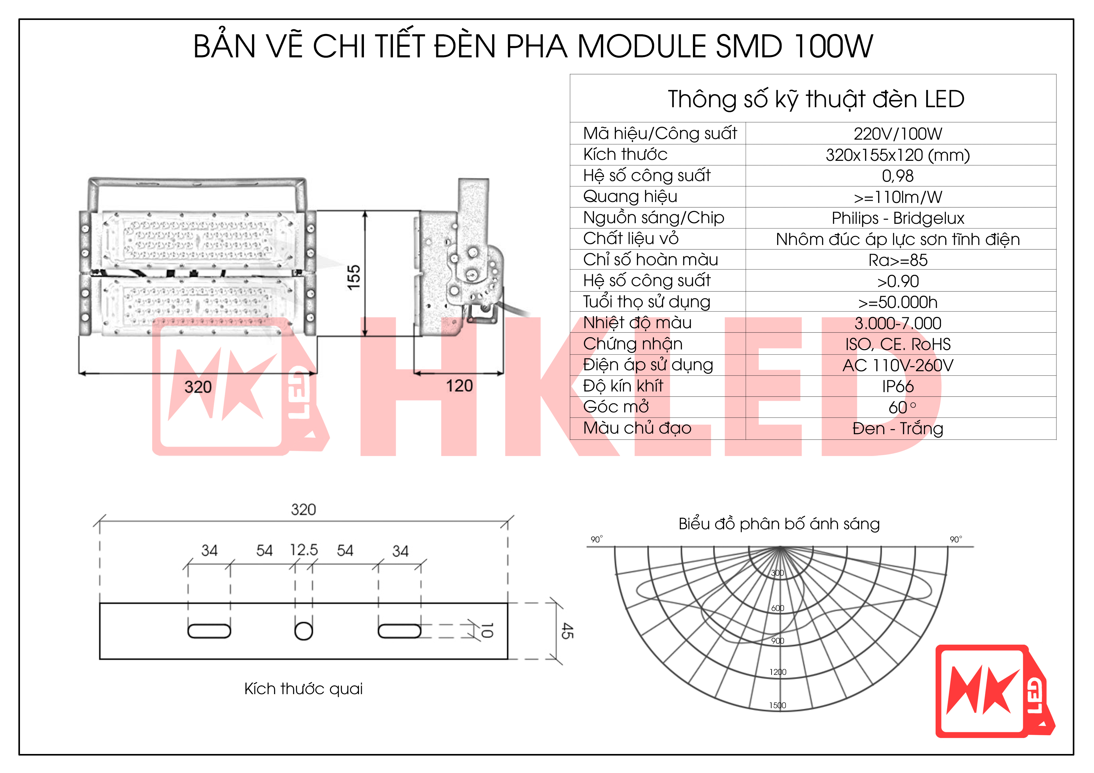 Bản vẽ chi tiết đèn pha LED Module OEM Philips chip LED SMD 100W