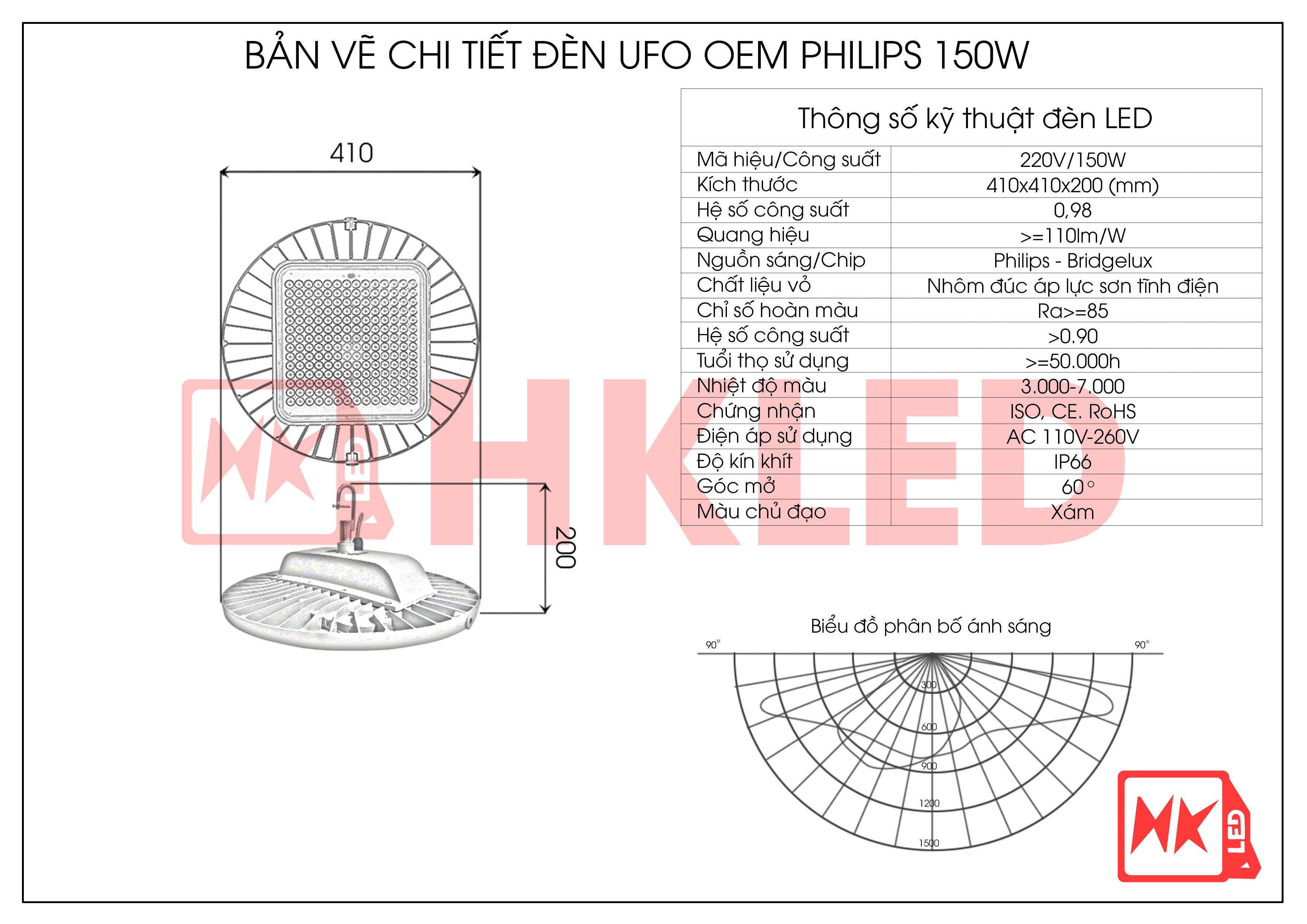 Bản vẽ chi tiết đèn UFO nhà xưởng OEM Philips 150W