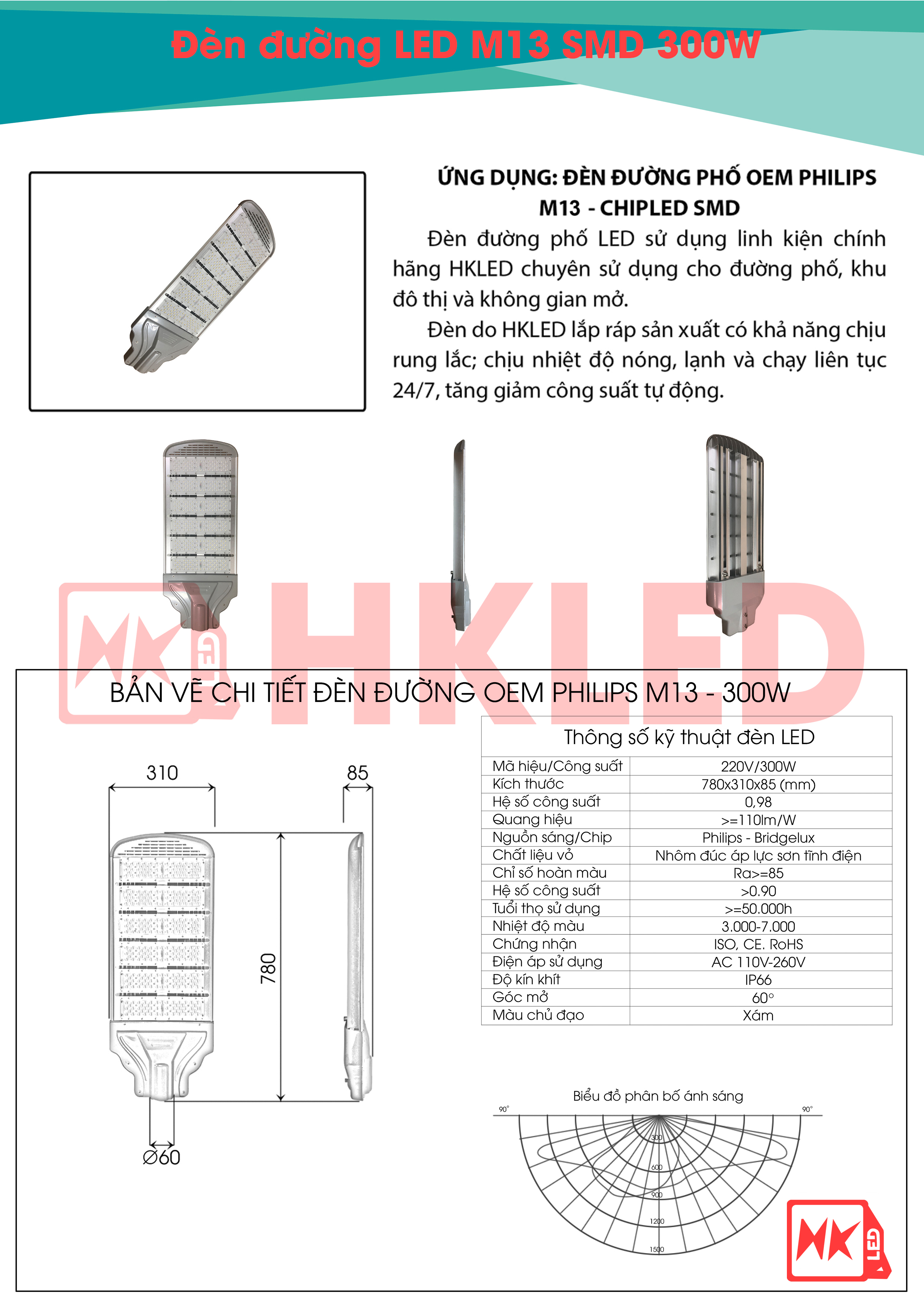 Bản vẽ và thông số kỹ thuật đèn đường LED OEM Philips M13 300W