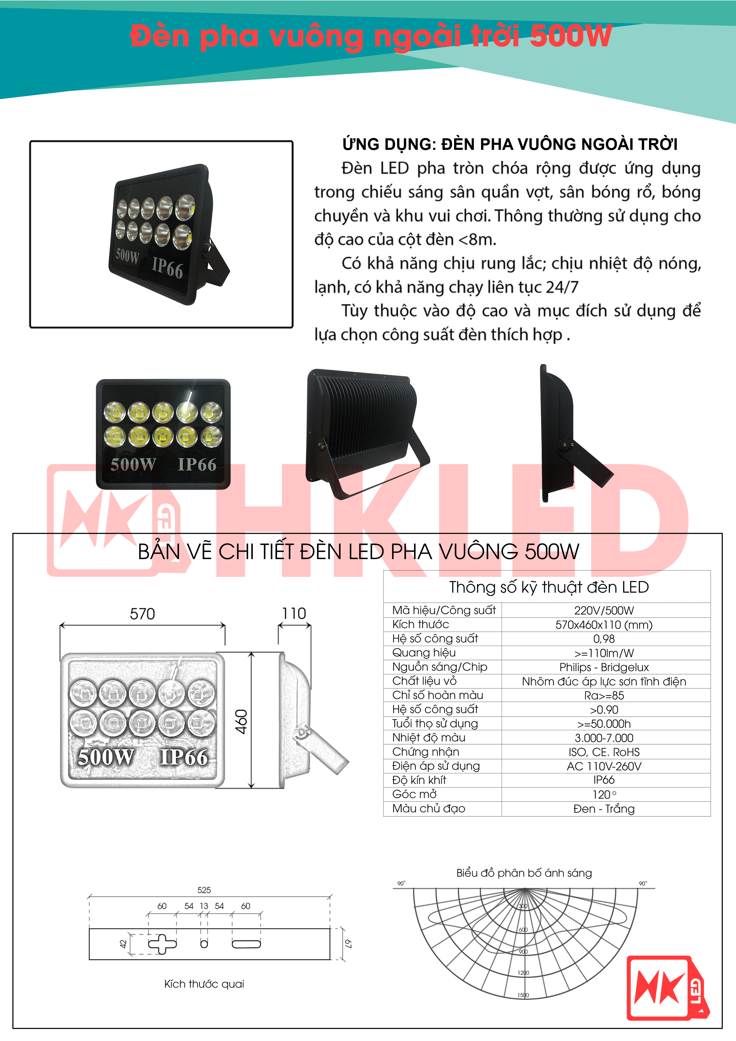 ứng dụng, bản vẽ chi tiết và thông số kỹ thuật đèn pha LED vuông 500W