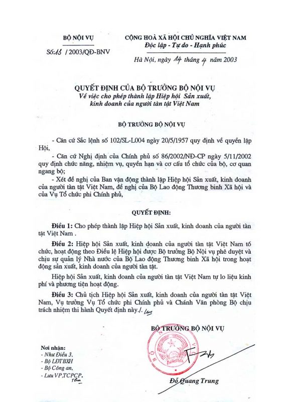 quyết định của bộ trưởng bộ nội vụ về việc cho phép thành lập hiệp hội sản xuất, kinh doanh của người tàn tật Việt Nam