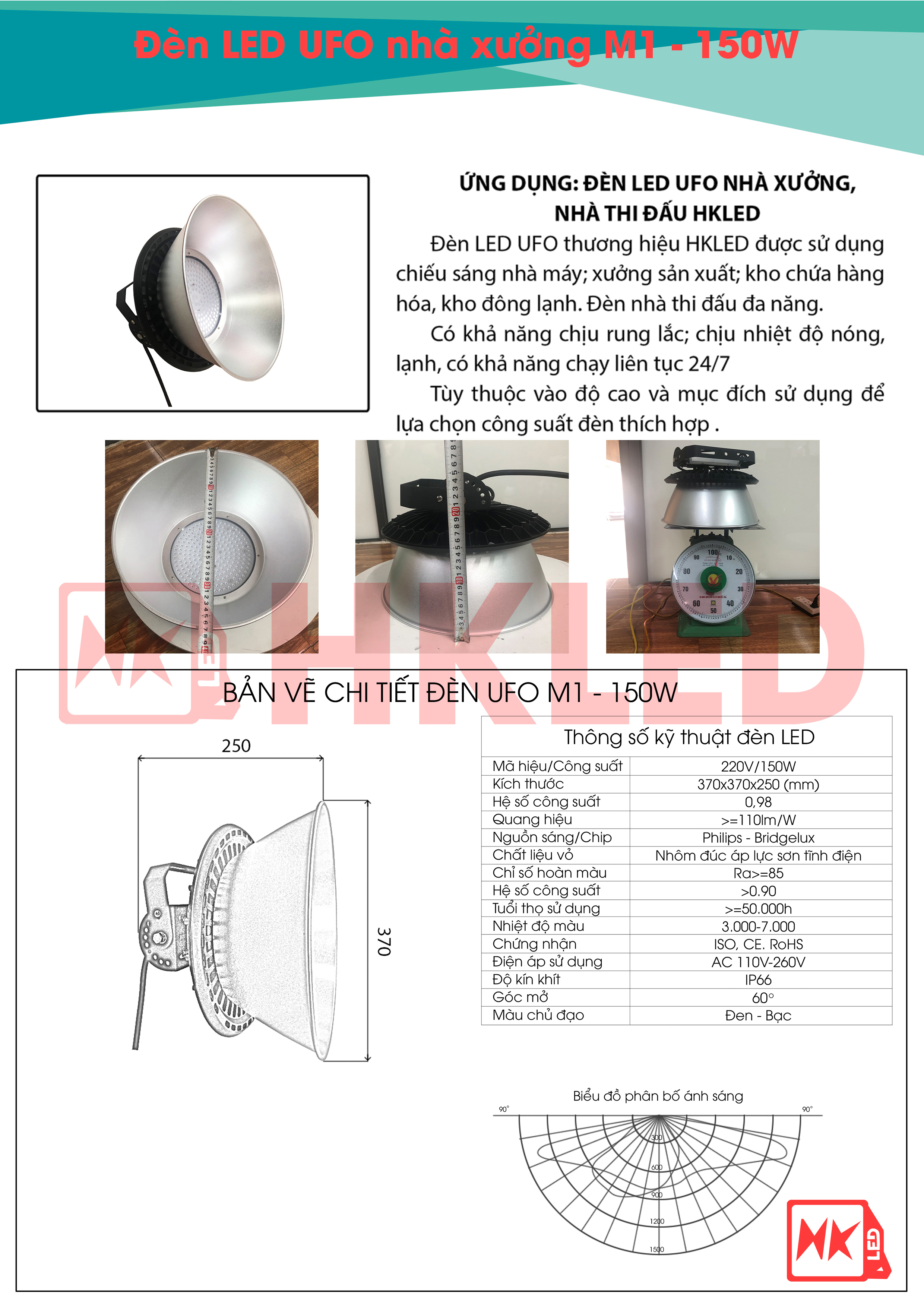 Ứng dụng, bản vẽ chi tiết và thông số kỹ thuật đèn UFO nhà xưởng M1 150W