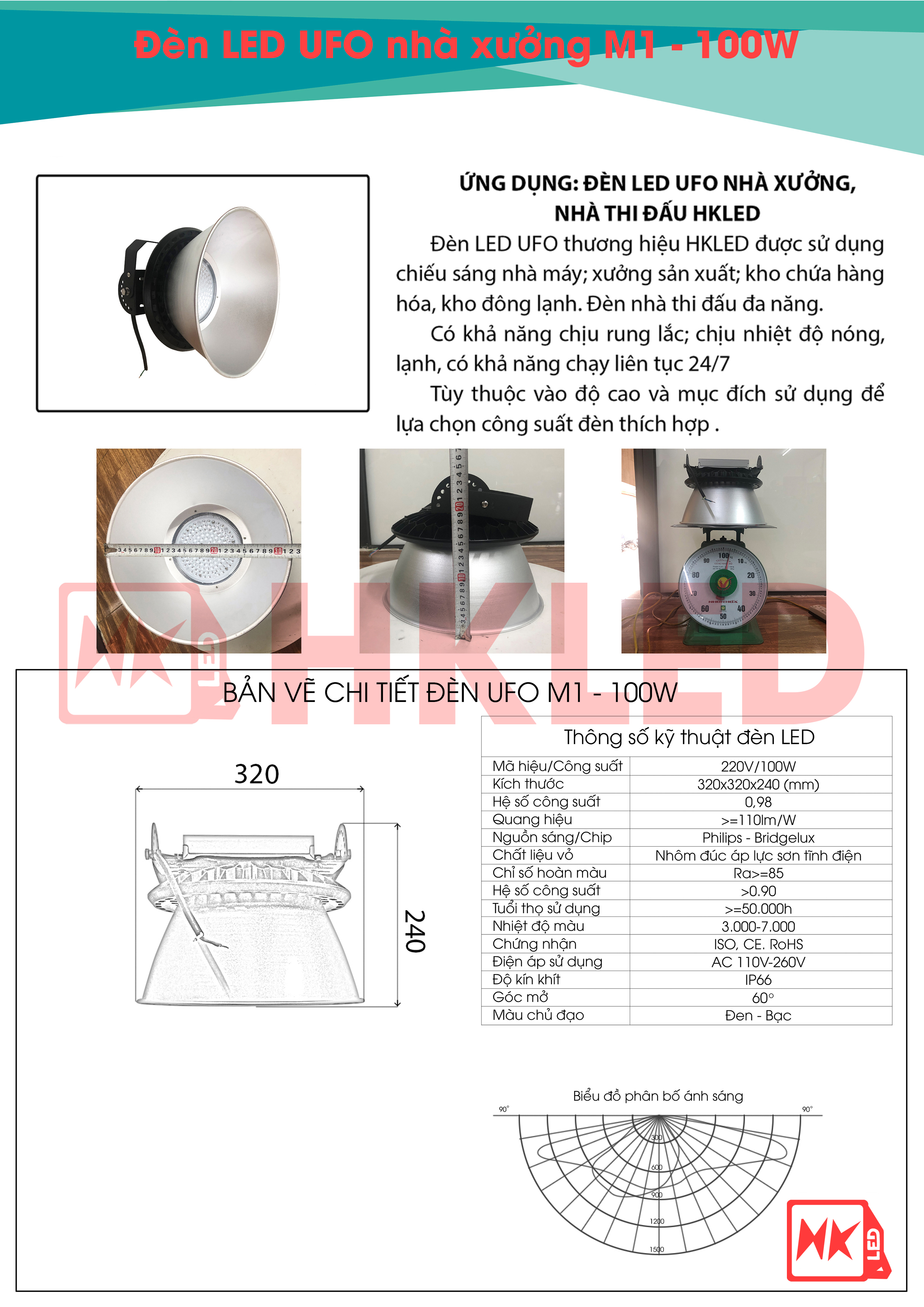 Ứng dụng, bản vẽ chi tiết và thông số kỹ thuật đèn UFO nhà xưởng M1 100W