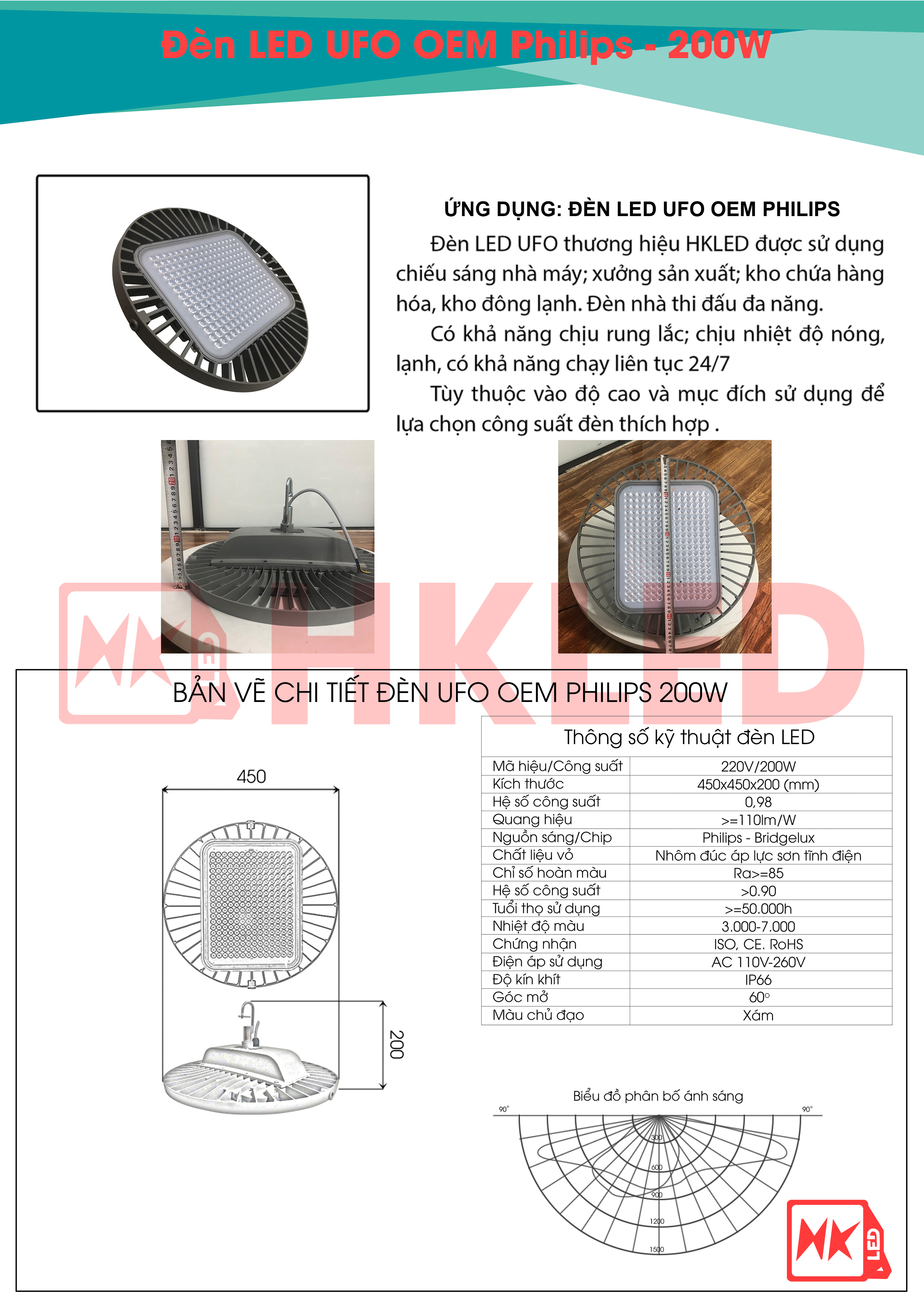 Ứng dụng, bản vẽ chi tiết và thông số kỹ thuật đèn UFO Nhà xưởng OEM Philips 200W
