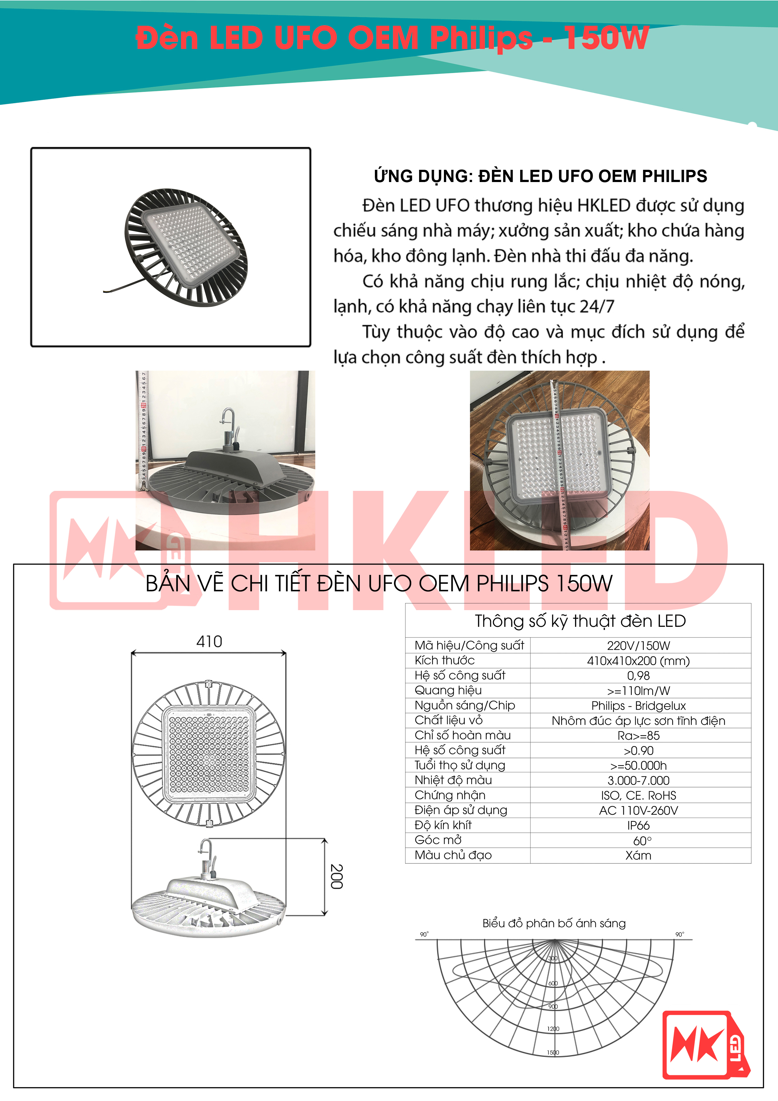 Ứng dụng, bản vẽ chi tiết và thông số kỹ thuật đèn UFO nhà xưởng OEM Philips 150W