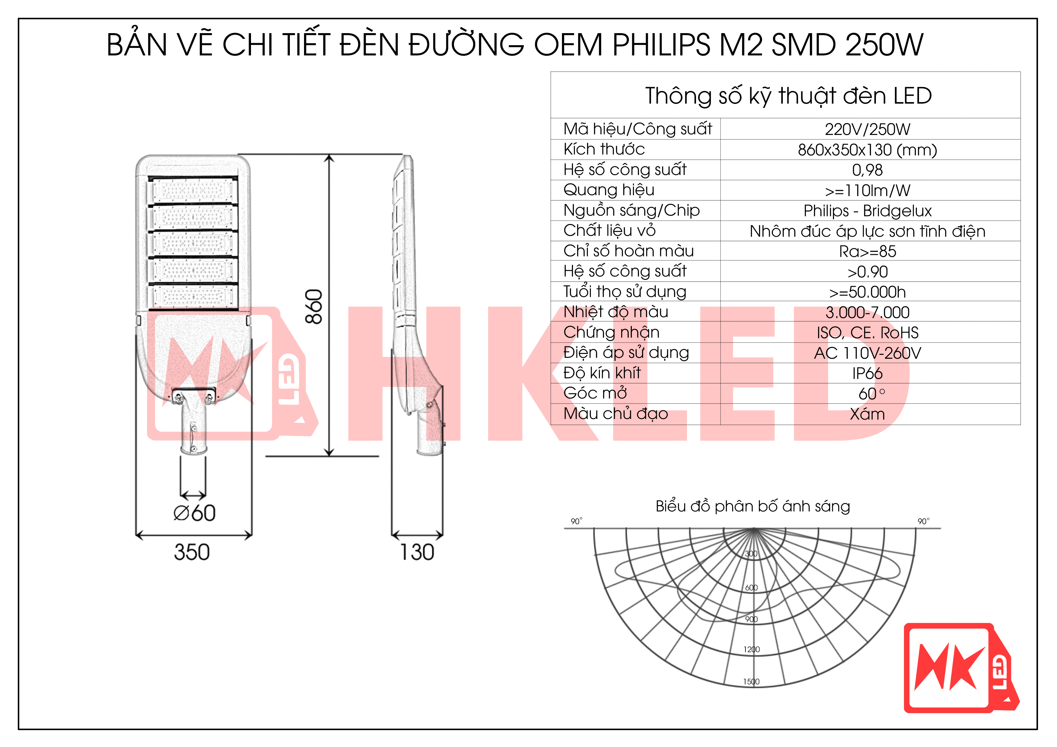Bản vẽ chi tiết đèn đường LED OEM Philips Module SMD M2 250W