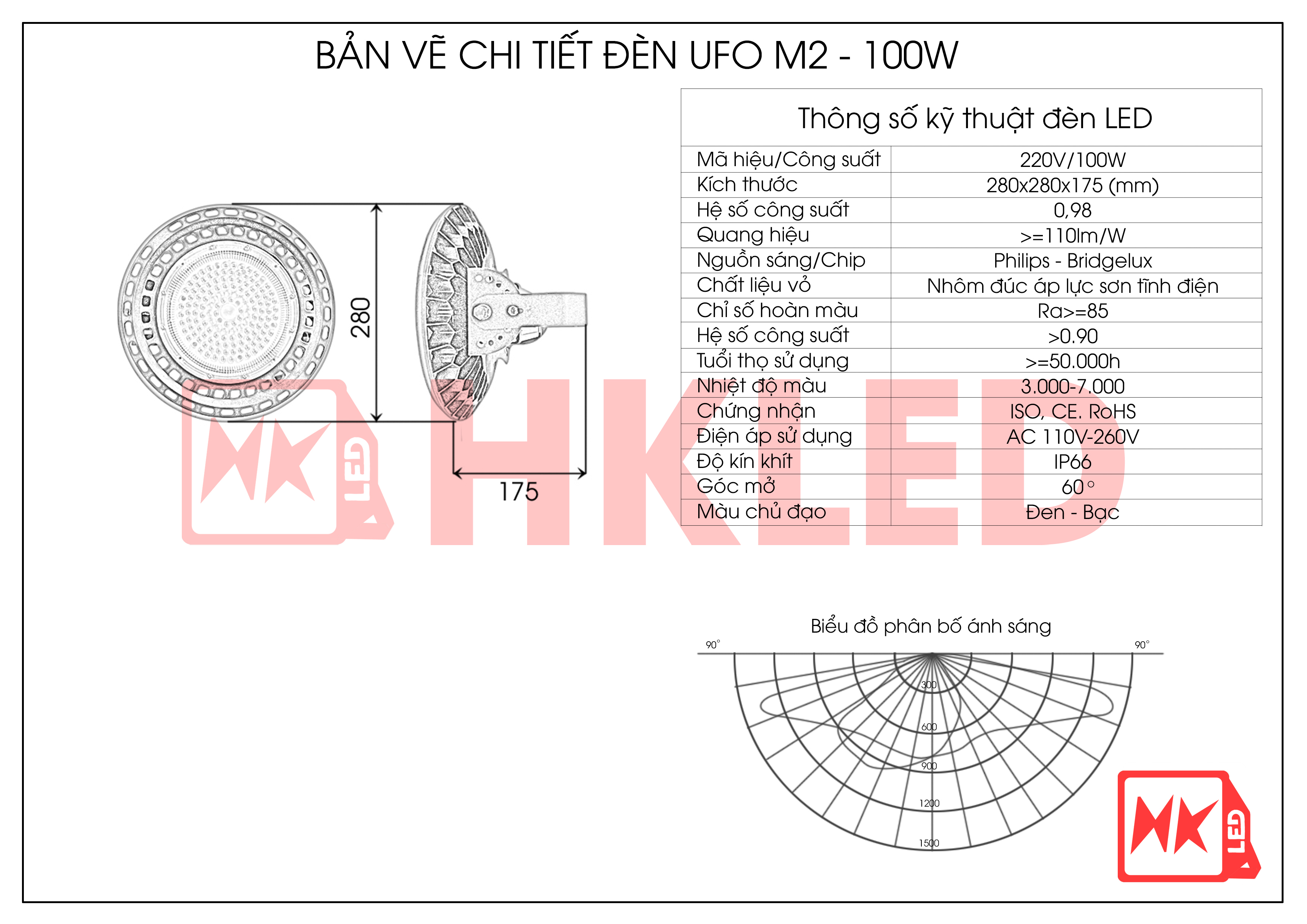 Bản vẽ chi tiết đèn UFO nhà xưởng M2 100W