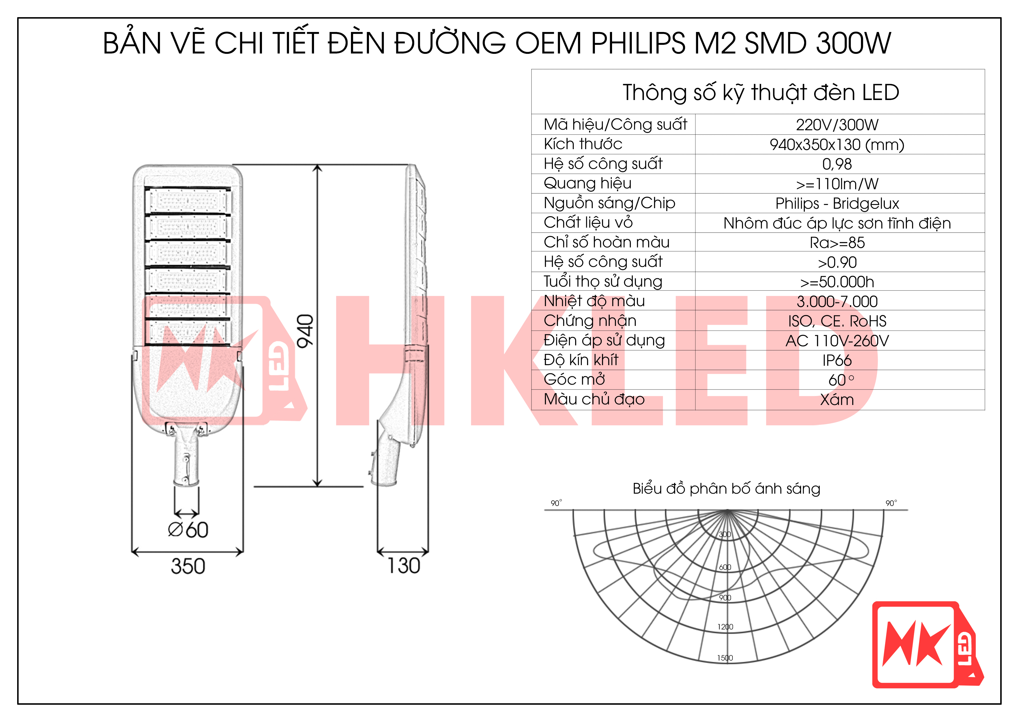 Bản vẽ chi tiết đèn đường LED OEM Philips module SMD M2 300W