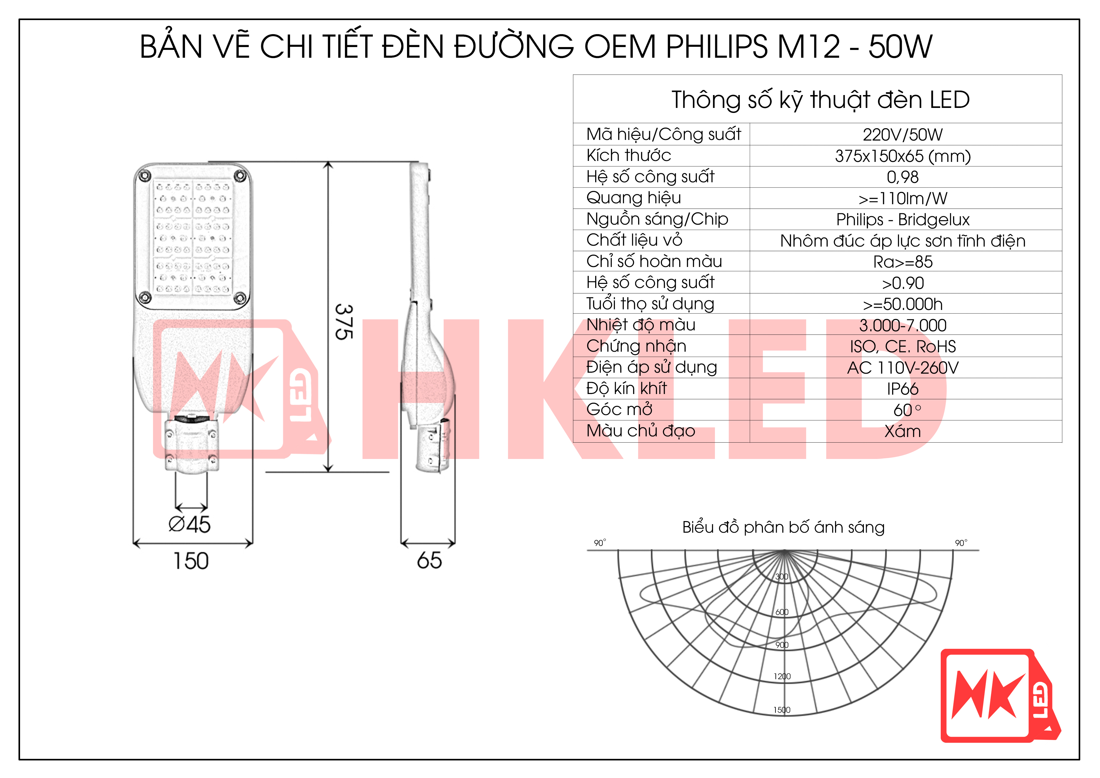 Bản vẽ chi tiết đèn đường LED OEM Philips M12 50W